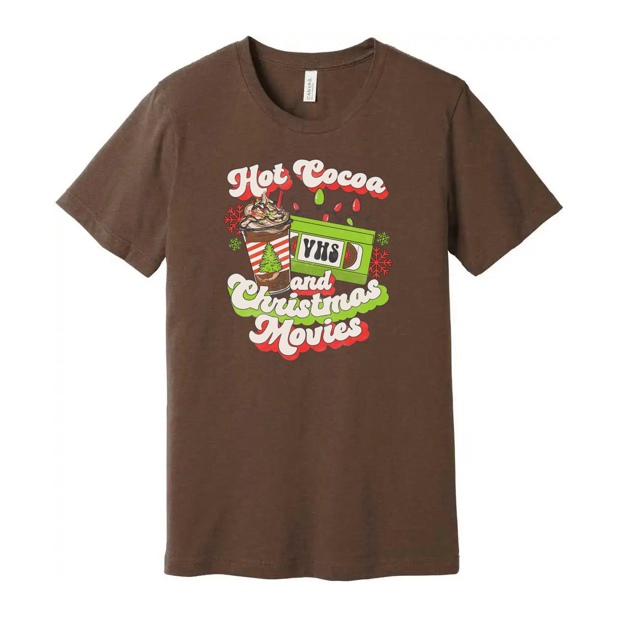Unisex Christmas T Shirt Featuring Hot Cocoa And Christmas Movies VHS Design Graphic