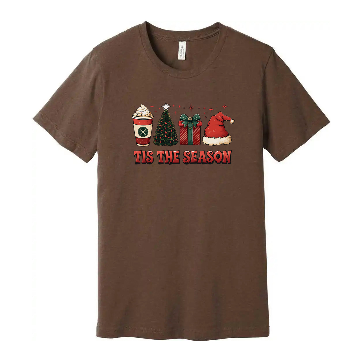 Unisex Christmas T Shirt With Festive Graphics Tis The Season Santa Hat Gift Box Coffee Cup Christmas Tree