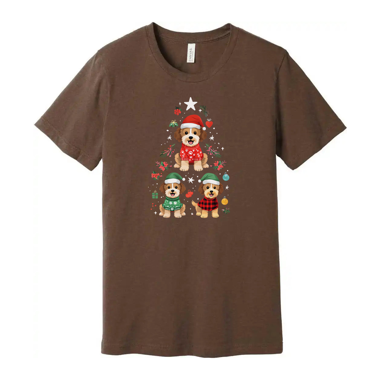 Unisex Christmas T Shirt With Three Cute Dogs In Festive Winter Outfits Surrounded By Holiday Ornaments
