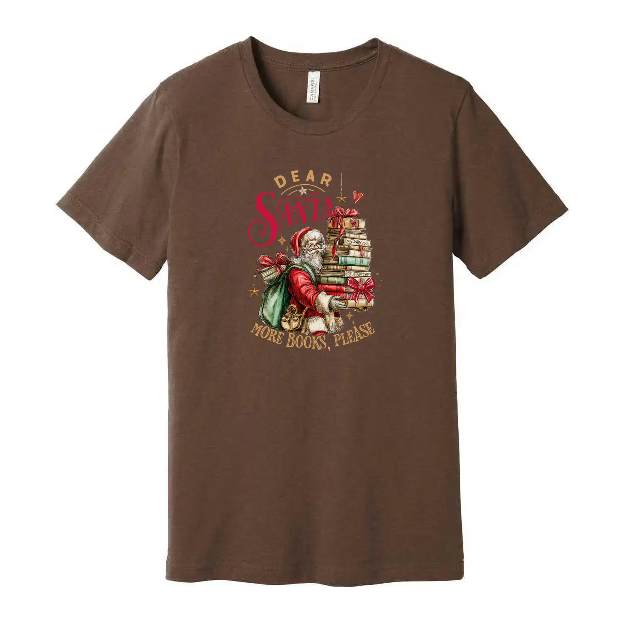 Unisex Christmas T Shirt with Santa Carrying a Stack of Books and Gifts Graphic Design