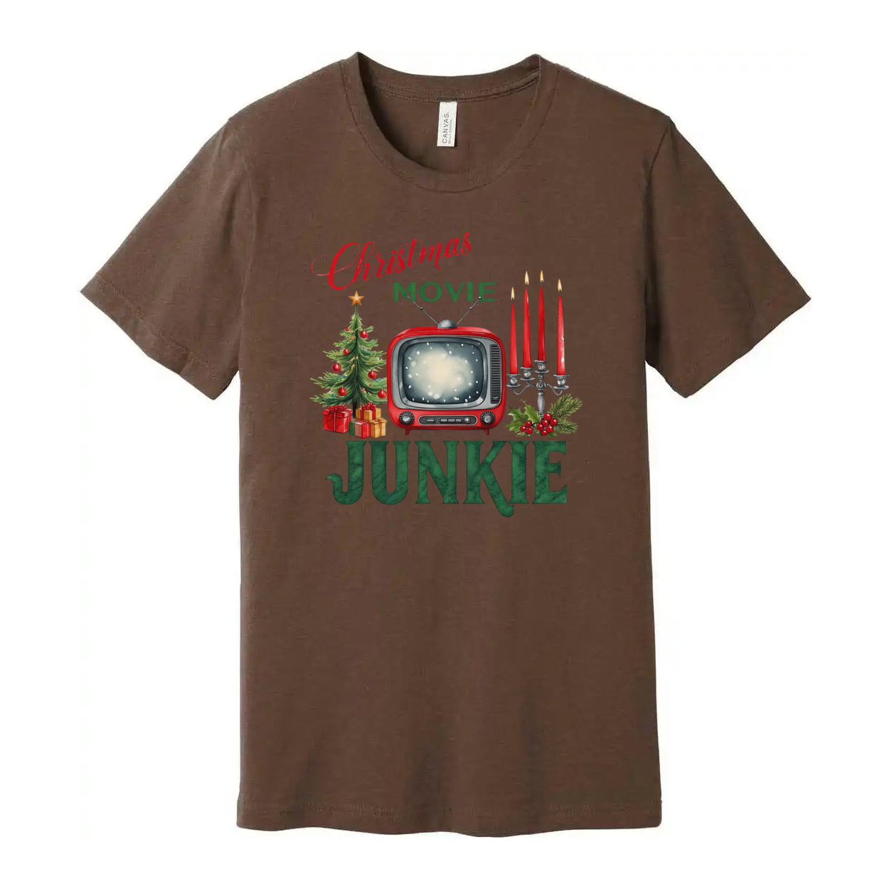 Christmas Movie Junkie Unisex T Shirt With Retro TV Candles And Christmas Tree Print