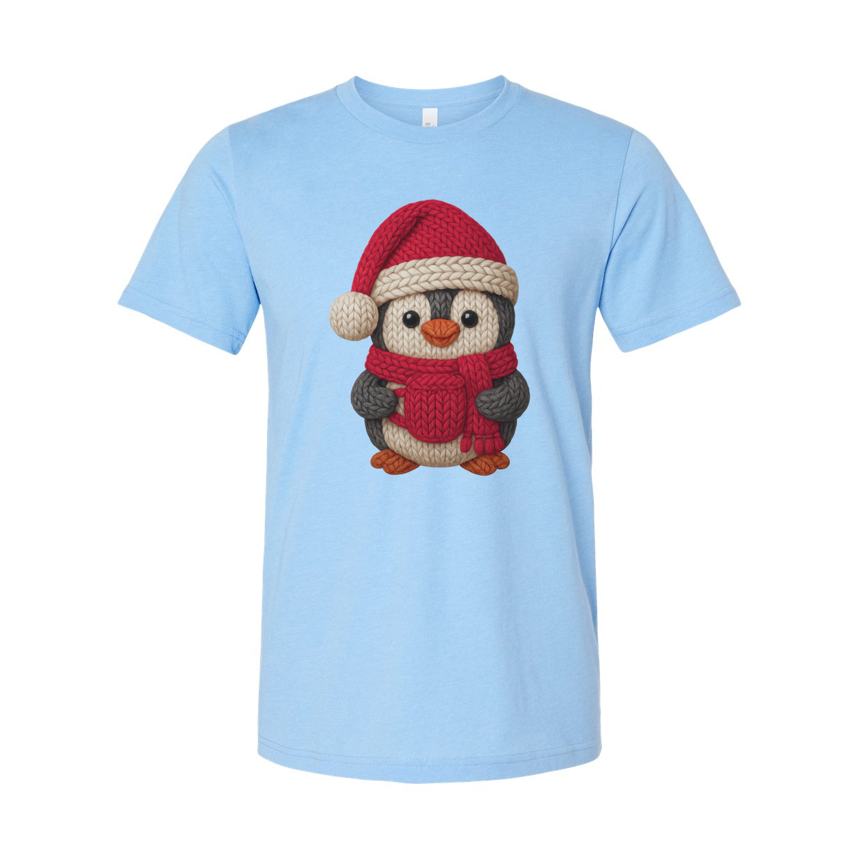 Unisex Christmas Penguin Knit Design T Shirt With Santa Hat And Red Cozy Scarf Print