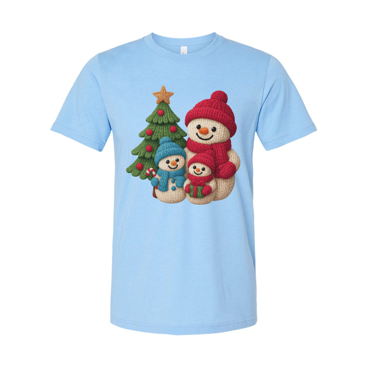 Christmas Snowmen Family Knit Style Graphic T Shirt With Tree And Gift Design For Adults And Kids