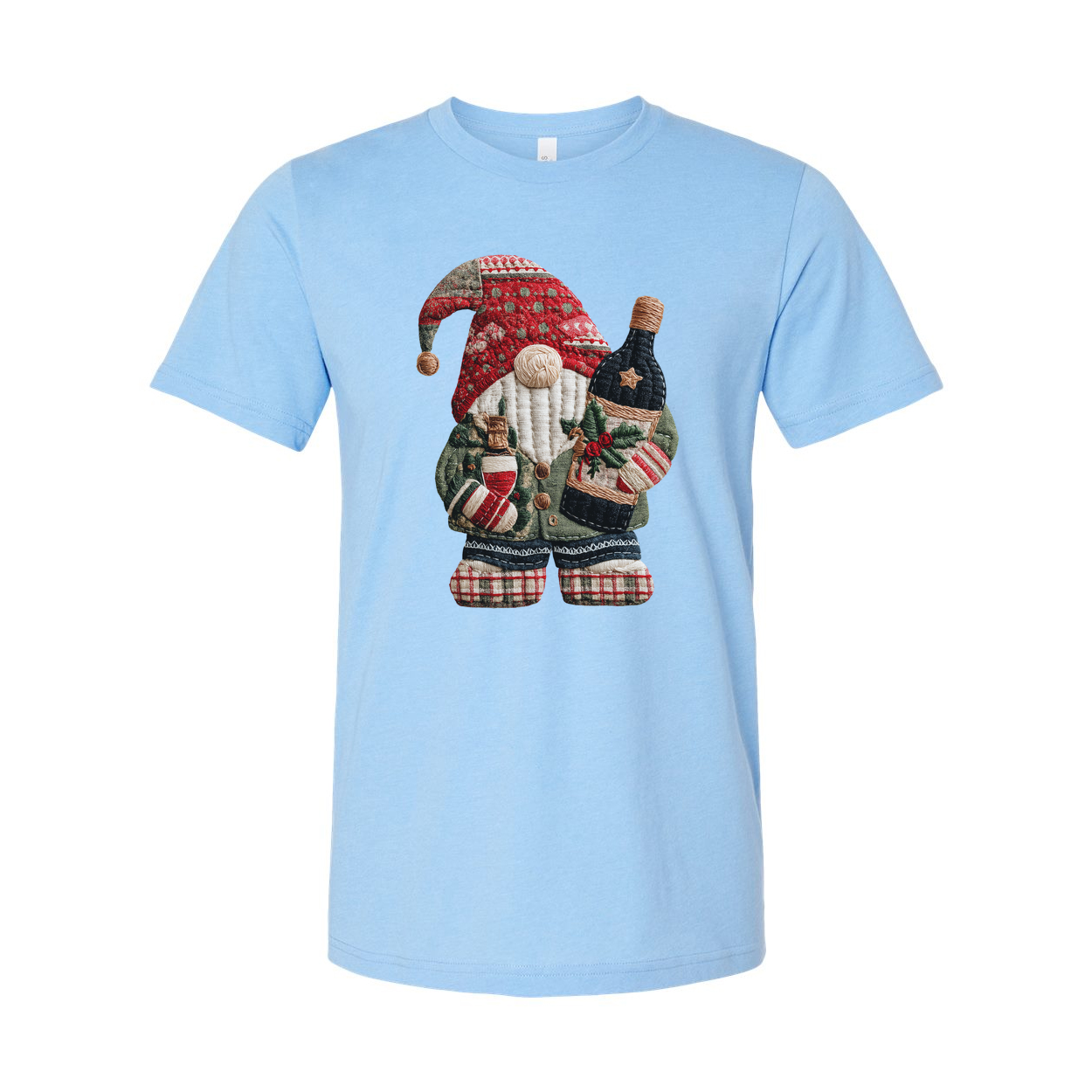 Christmas Santa Claus Knitted Patch T Shirt Featuring Bottle Wrapped Gifts And Festive Details