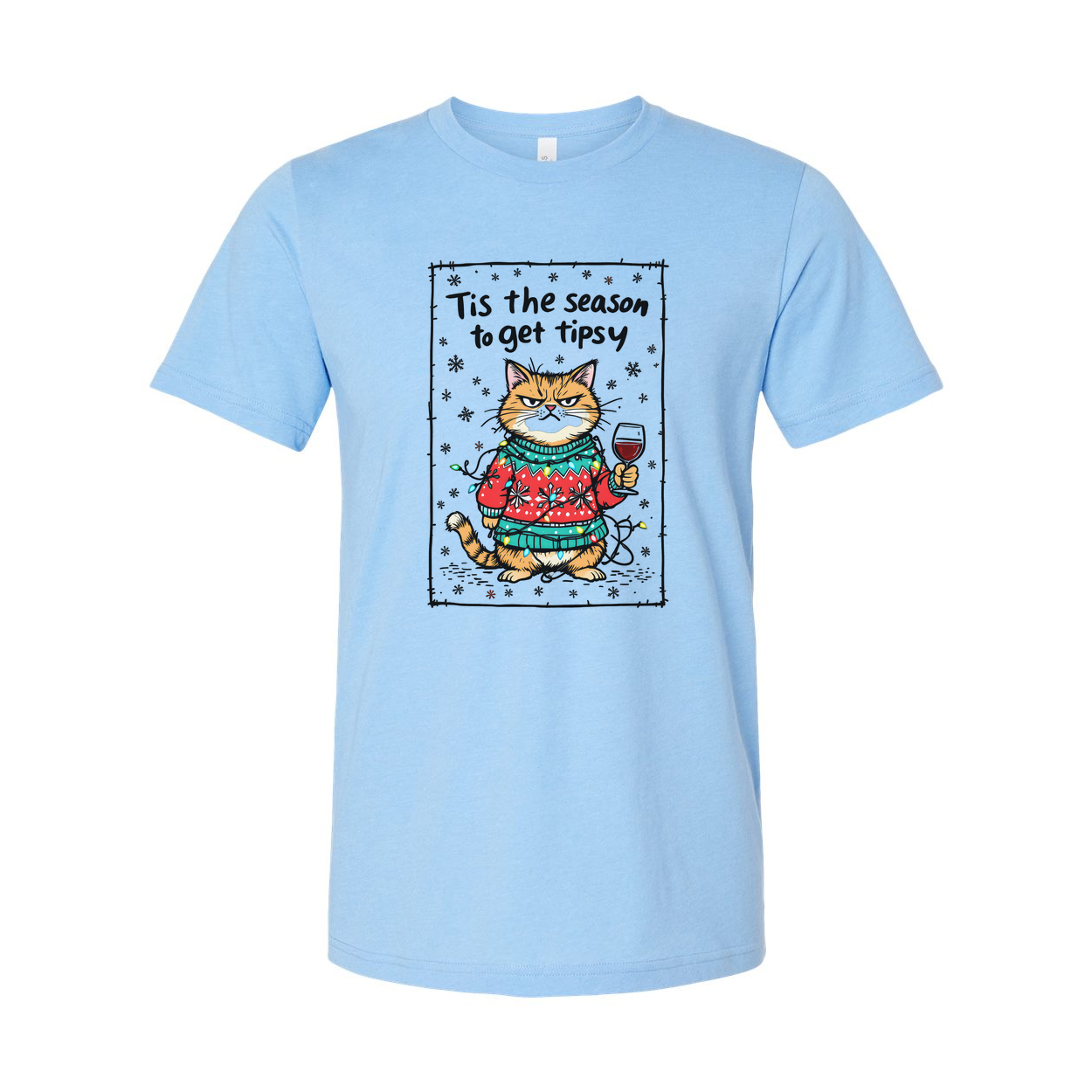Unisex Christmas Cat Graphic Tee With Cozy Sweater And Wine Glass Tis The Season