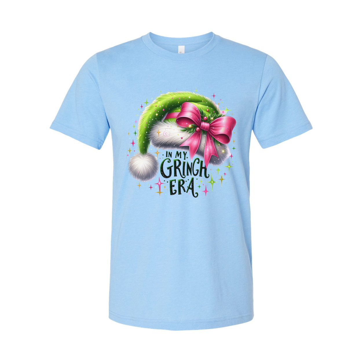 Christmas In My Grinch Era Unisex T Shirt With Green Santa Hat And Pink Bow Graphic Design