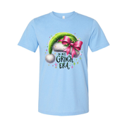 Christmas In My Grinch Era Unisex T Shirt With Green Santa Hat And Pink Bow Graphic Design