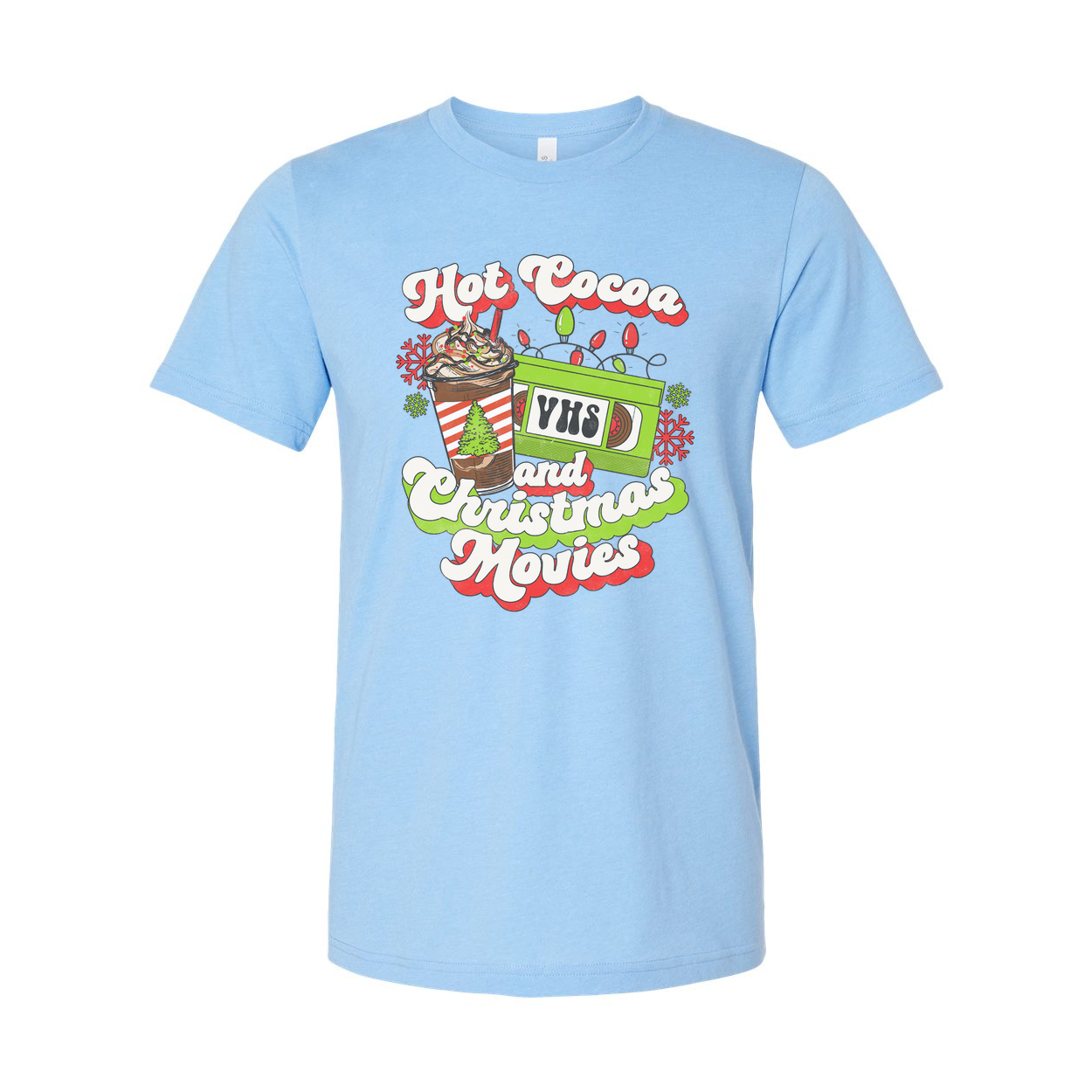 Unisex Christmas T Shirt Featuring Hot Cocoa And Christmas Movies VHS Design Graphic