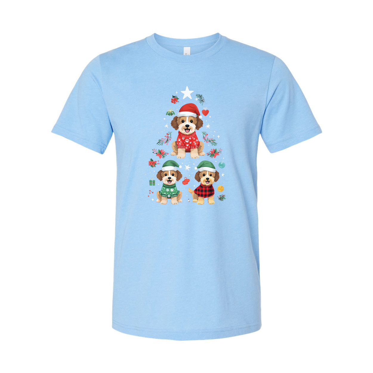 Unisex Christmas T Shirt With Three Cute Dogs In Festive Winter Outfits Surrounded By Holiday Ornaments