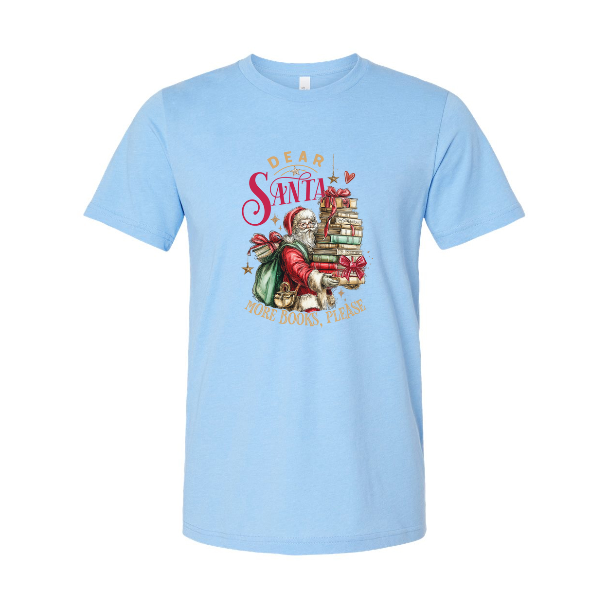 Unisex Christmas T Shirt with Santa Carrying a Stack of Books and Gifts Graphic Design