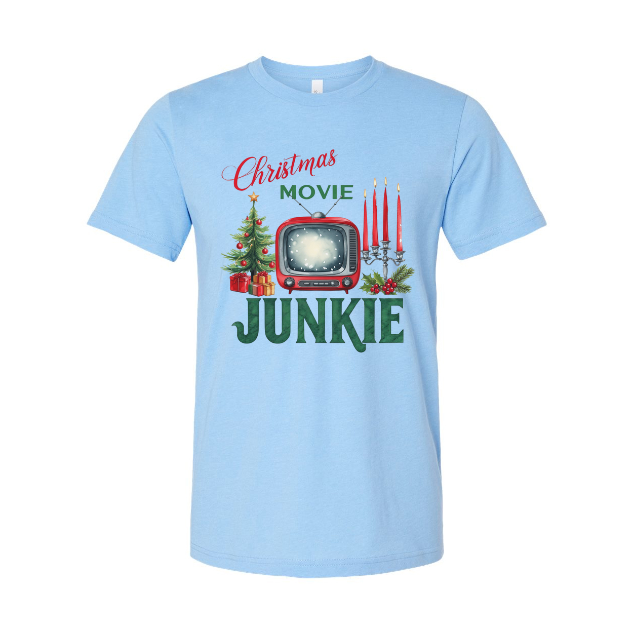 Christmas Movie Junkie Unisex T Shirt With Retro TV Candles And Christmas Tree Print
