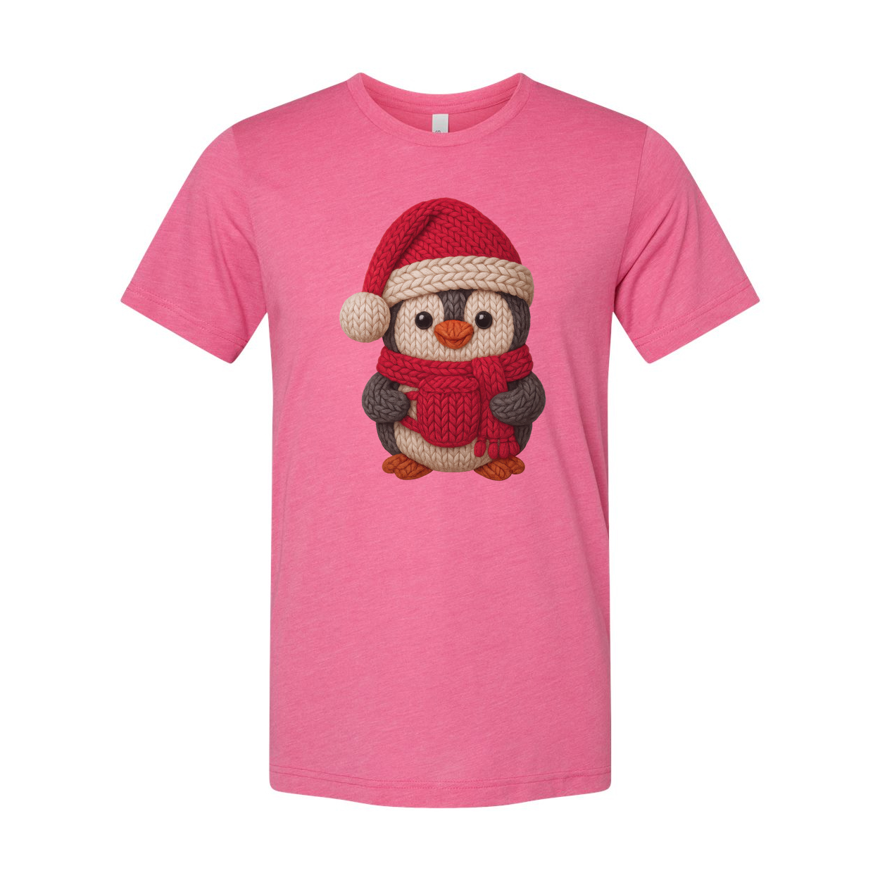 Unisex Christmas Penguin Knit Design T Shirt With Santa Hat And Red Cozy Scarf Print
