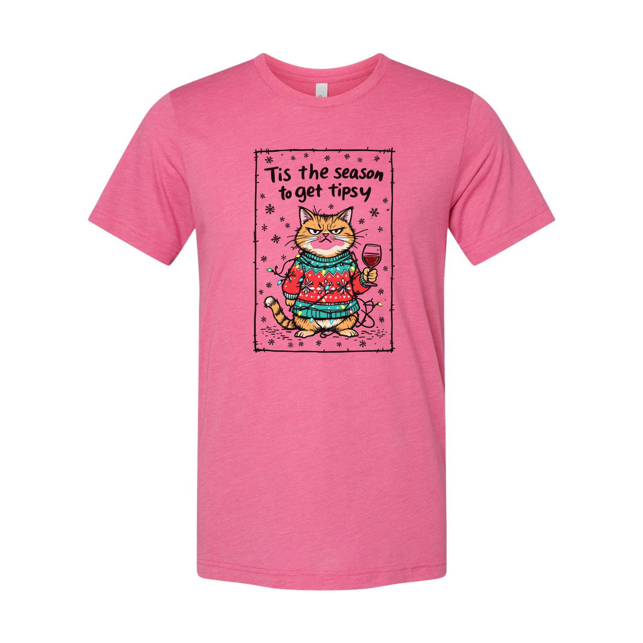 Unisex Christmas Cat Graphic Tee With Cozy Sweater And Wine Glass Tis The Season