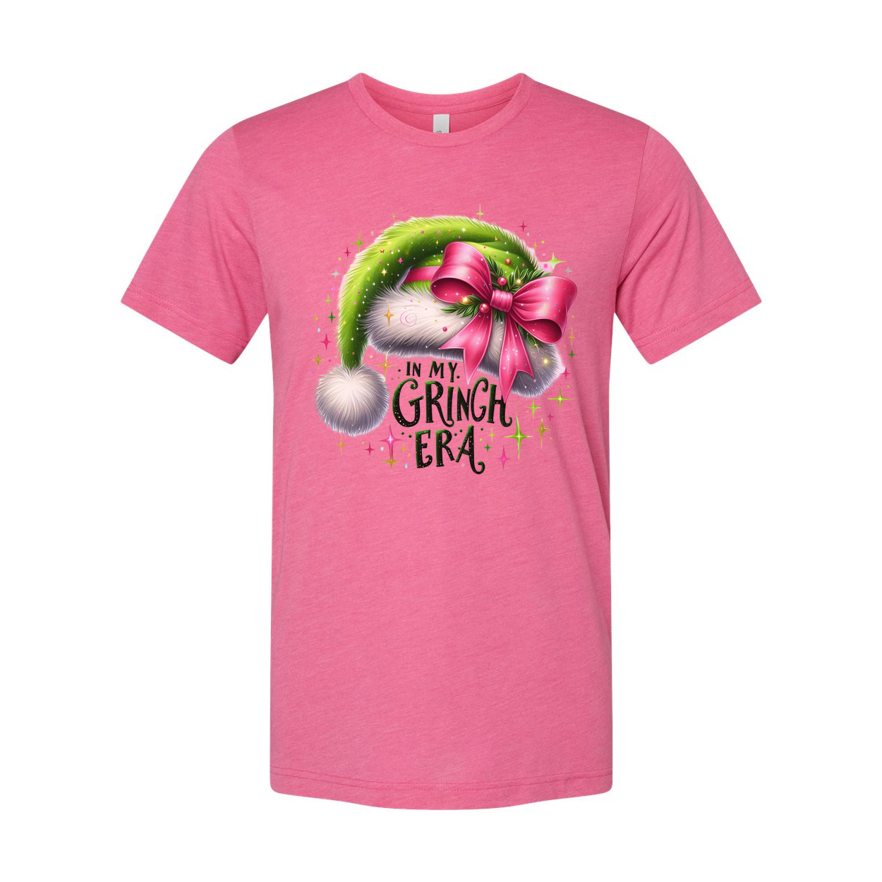 Christmas In My Grinch Era Unisex T Shirt With Green Santa Hat And Pink Bow Graphic Design