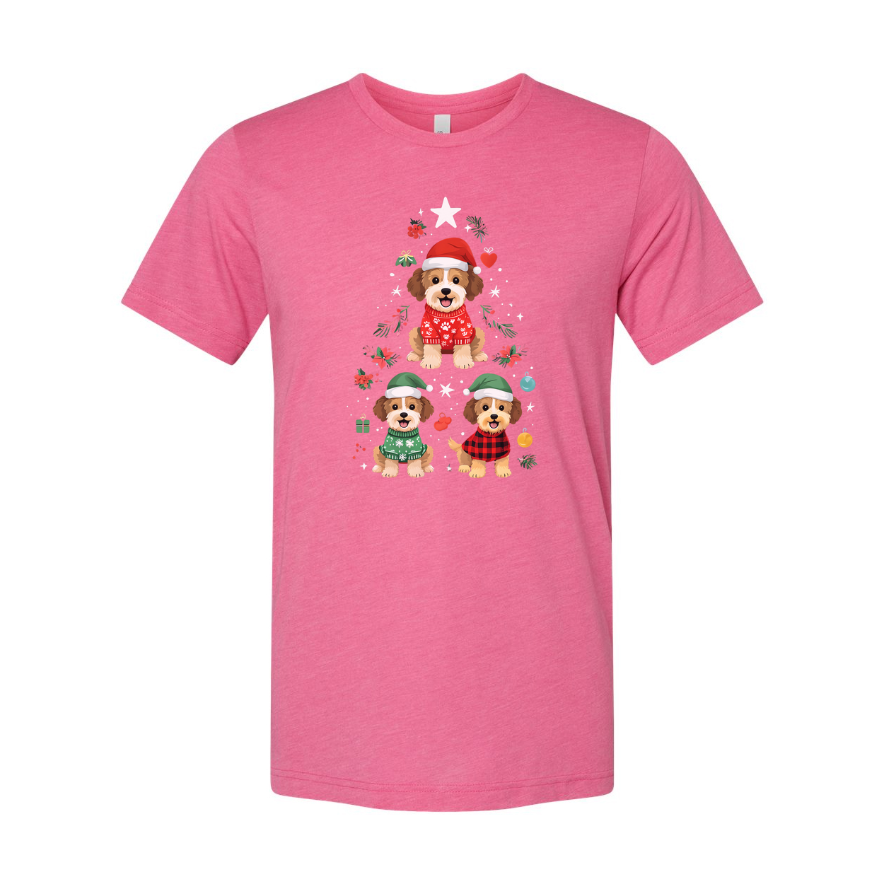 Unisex Christmas T Shirt With Three Cute Dogs In Festive Winter Outfits Surrounded By Holiday Ornaments