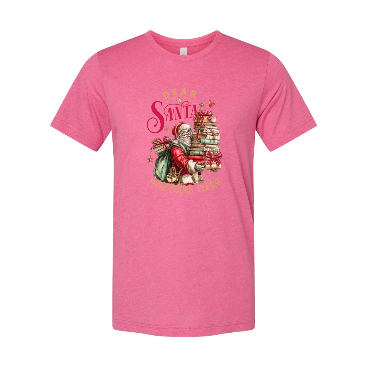 Unisex Christmas T Shirt with Santa Carrying a Stack of Books and Gifts Graphic Design