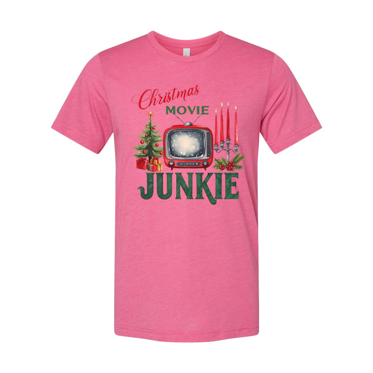 Christmas Movie Junkie Unisex T Shirt With Retro TV Candles And Christmas Tree Print