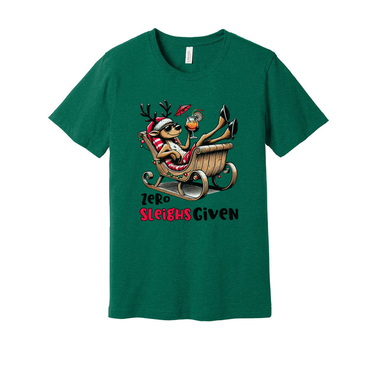 Unisex Christmas T Shirt Featuring Zero Sleighs Given Cartoon Reindeer Relaxing in a Sleigh