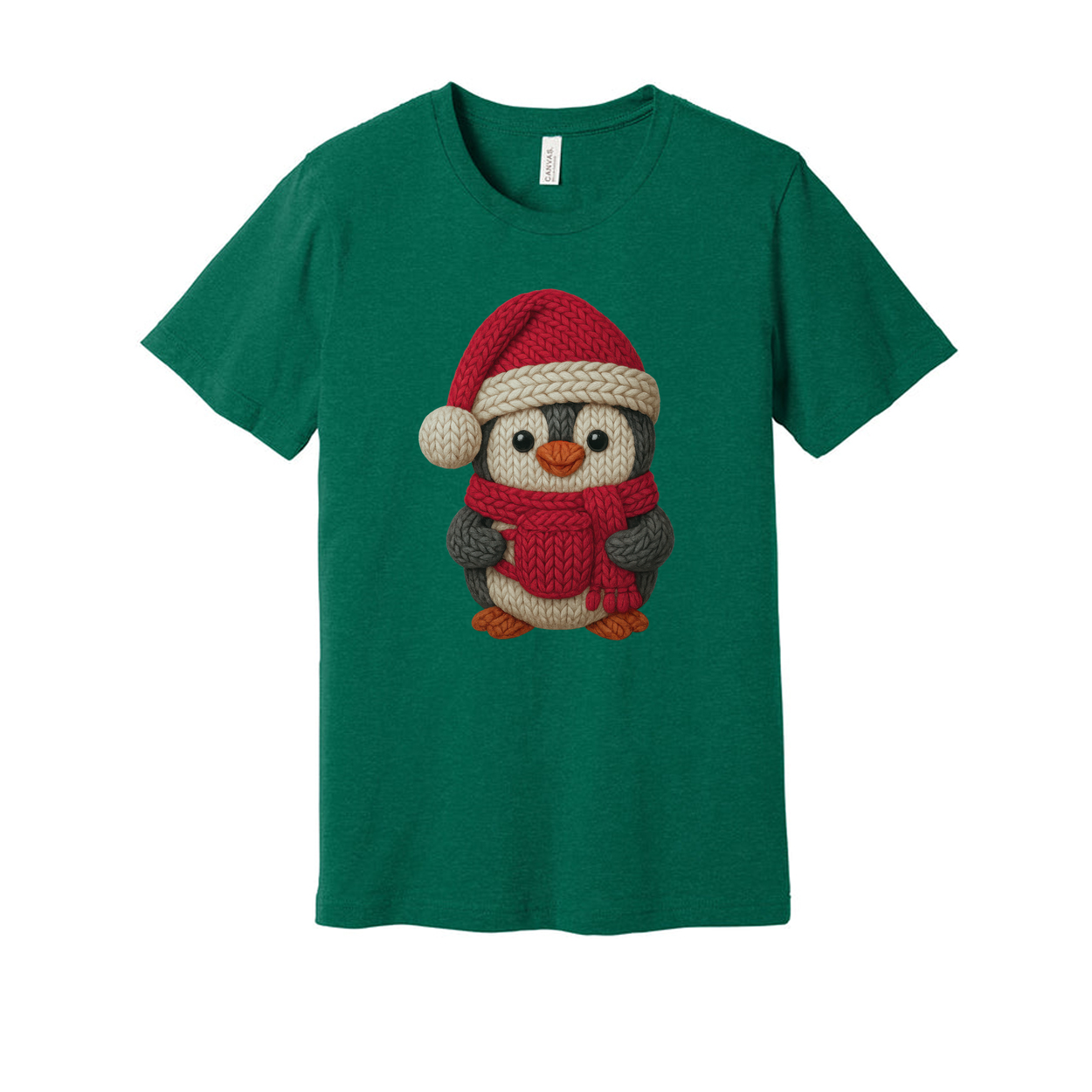 Unisex Christmas Penguin Knit Design T Shirt With Santa Hat And Red Cozy Scarf Print