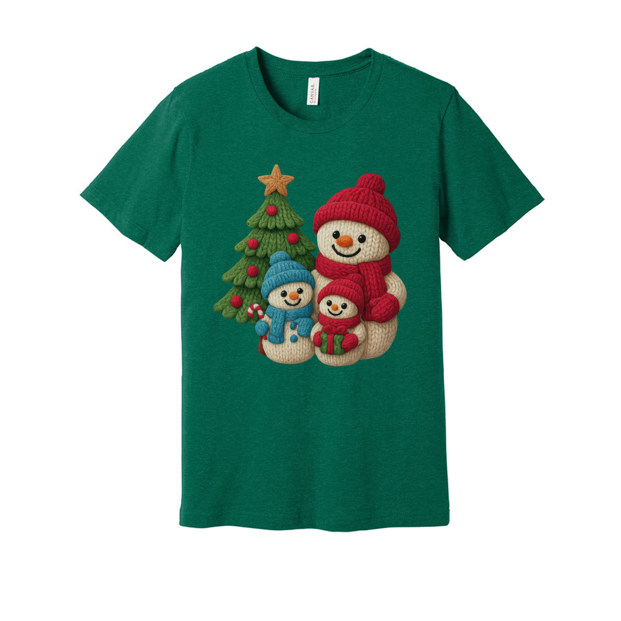 Christmas Snowmen Family Knit Style Graphic T Shirt With Tree And Gift Design For Adults And Kids