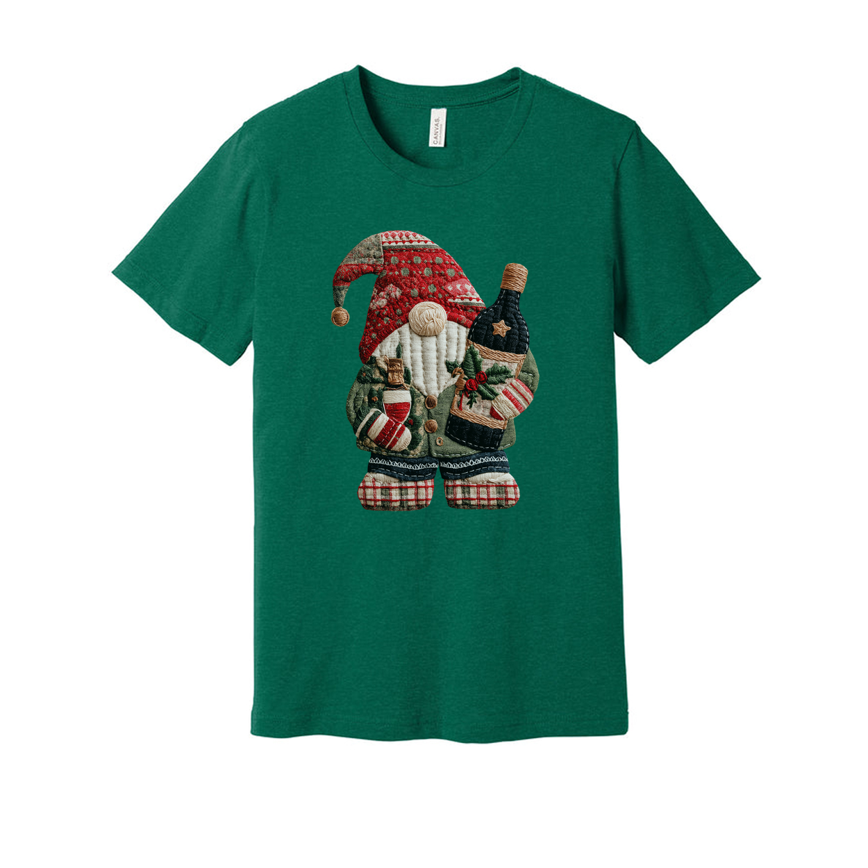 Christmas Santa Claus Knitted Patch T Shirt Featuring Bottle Wrapped Gifts And Festive Details