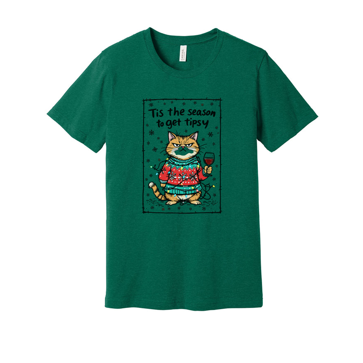 Unisex Christmas Cat Graphic Tee With Cozy Sweater And Wine Glass Tis The Season