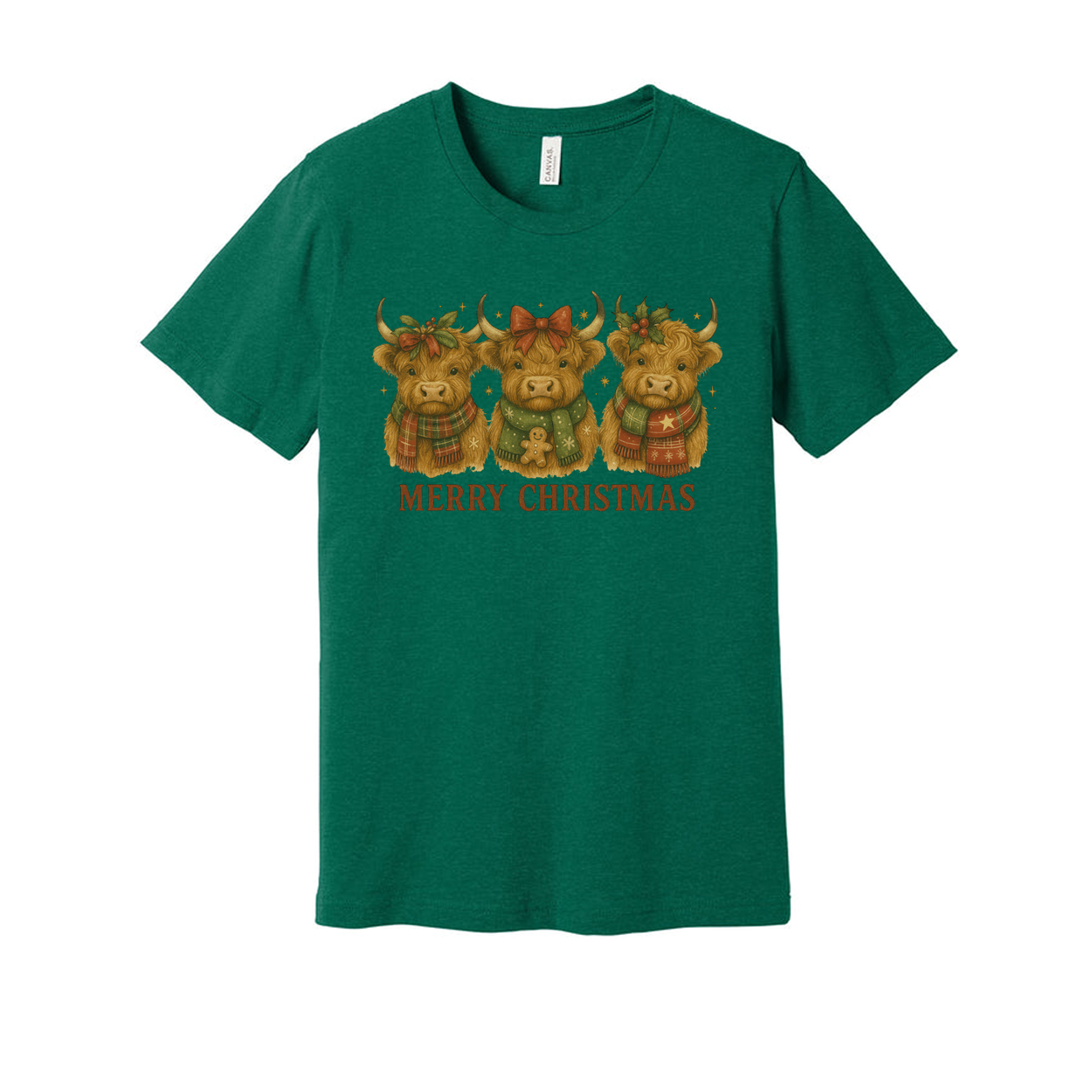 Unisex Christmas T Shirt With Three Highland Cows In Holiday Scarves And Merry Christmas Message