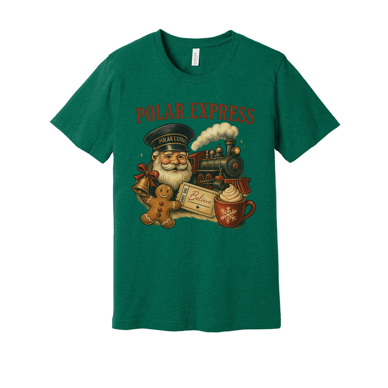 Polar Express Christmas Unisex T Shirt With Steam Train Santa Gingerbread And Coffee Mug Illustration