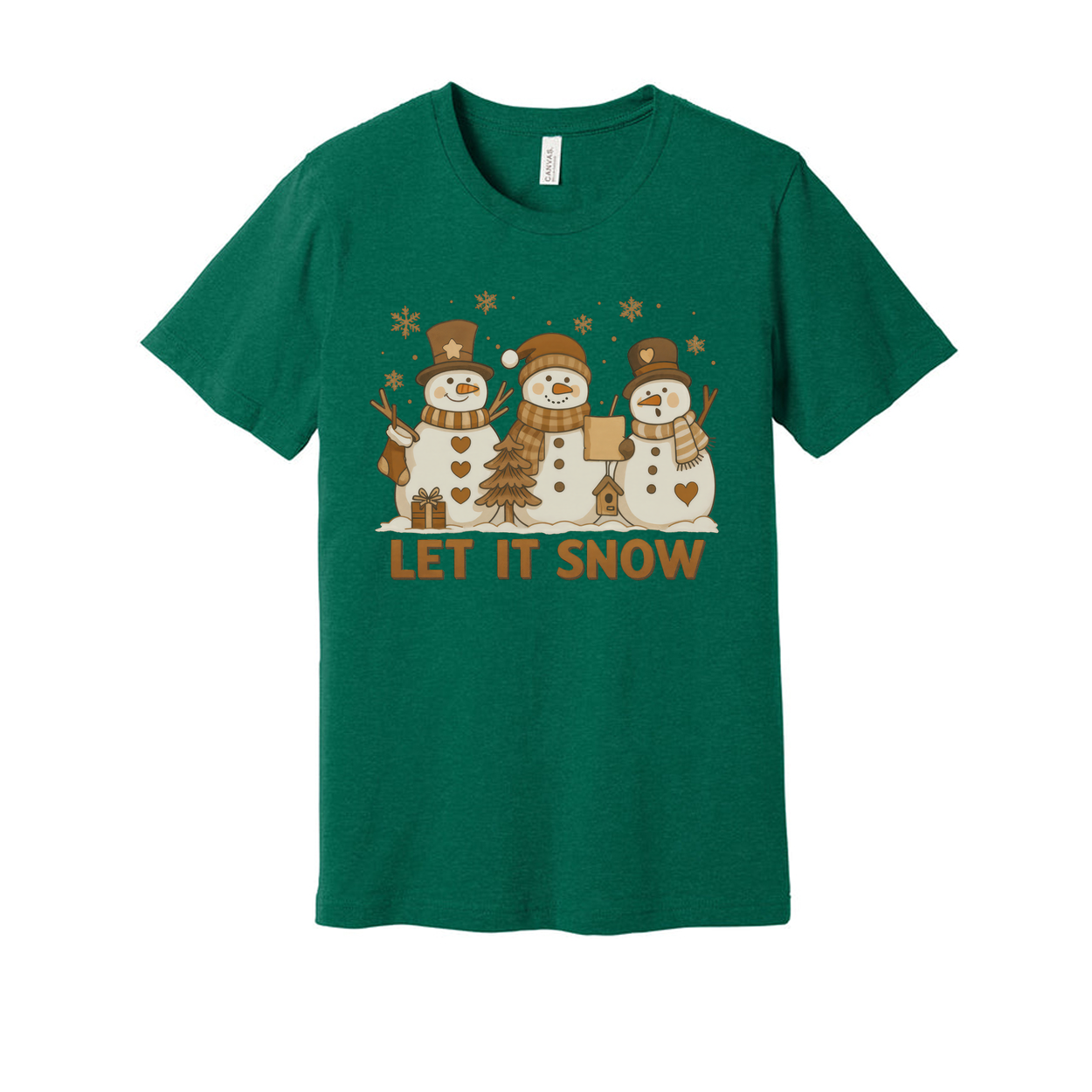 Let It Snow Christmas Graphic Tee Unisex Short Sleeve Snowman Trio Design For Holiday Season
