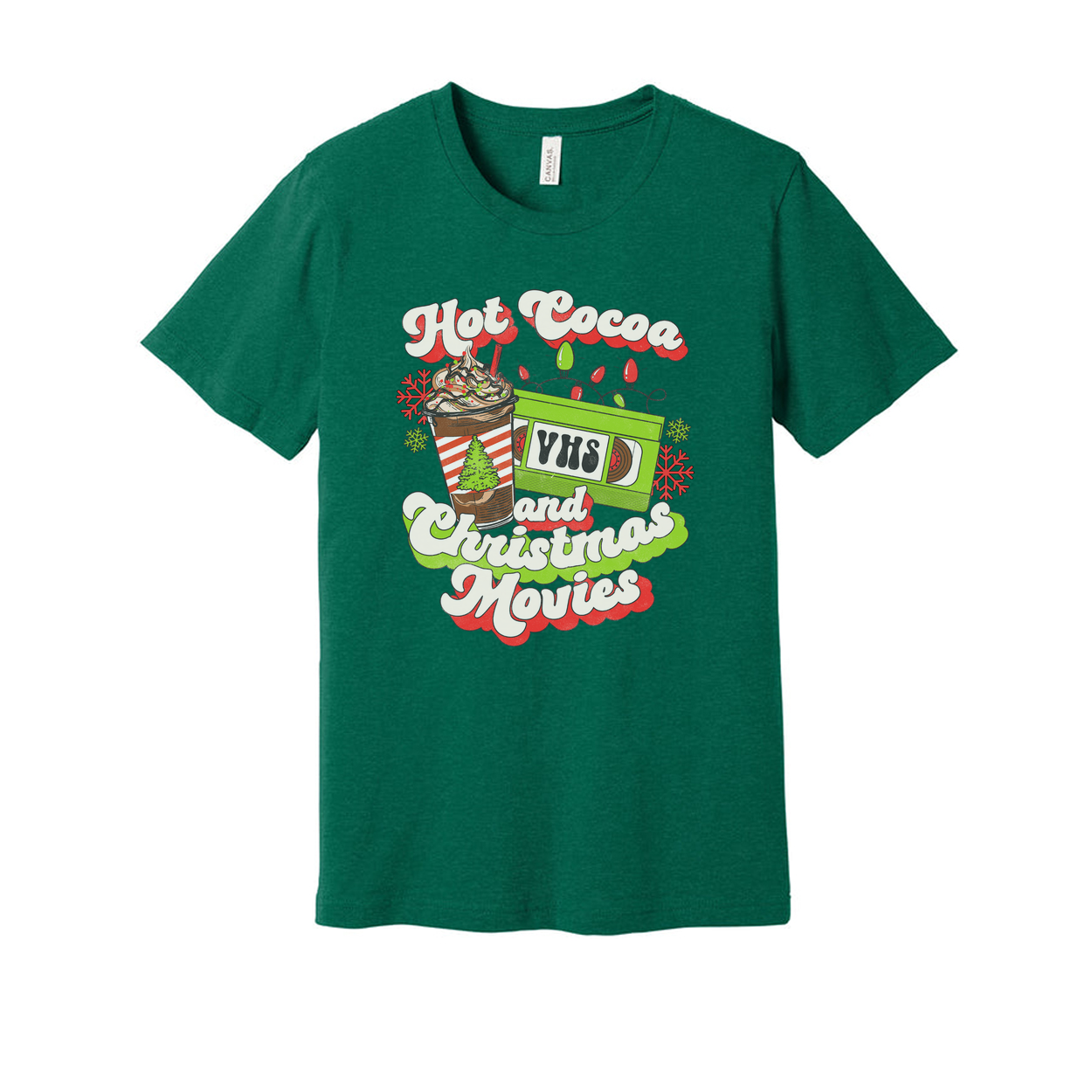 Unisex Christmas T Shirt Featuring Hot Cocoa And Christmas Movies VHS Design Graphic