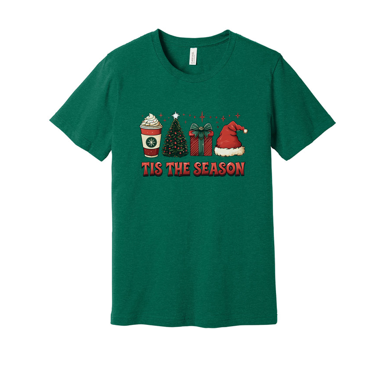 Unisex Christmas T Shirt With Festive Graphics Tis The Season Santa Hat Gift Box Coffee Cup Christmas Tree
