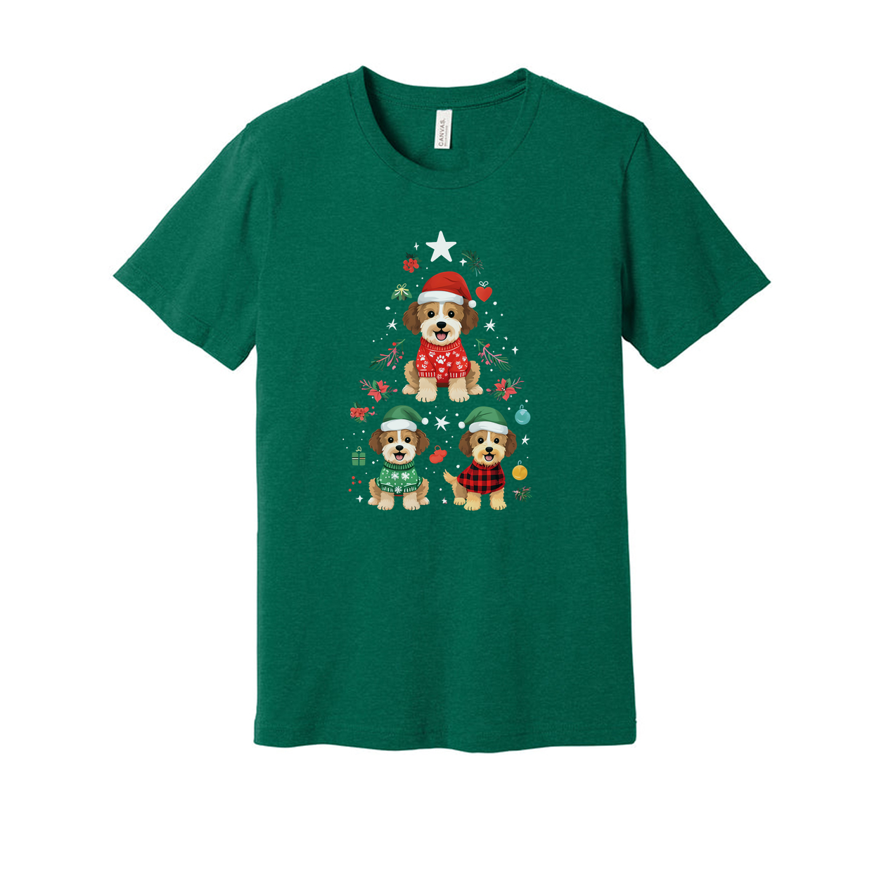 Unisex Christmas T Shirt With Three Cute Dogs In Festive Winter Outfits Surrounded By Holiday Ornaments