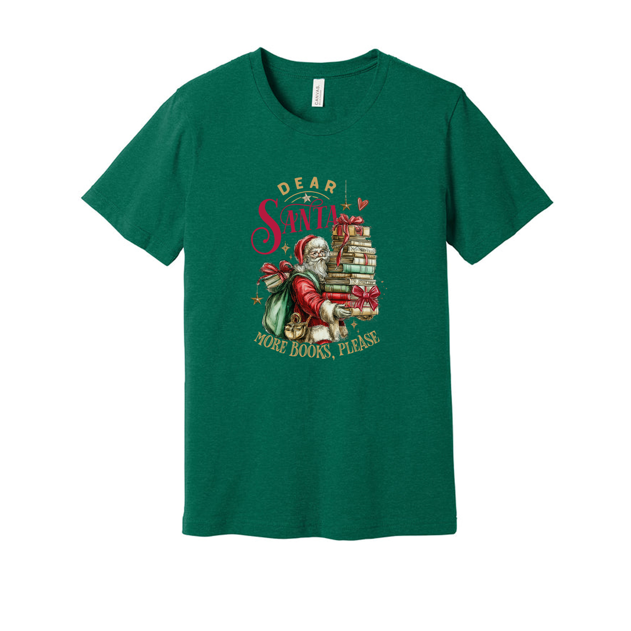 Unisex Christmas T Shirt with Santa Carrying a Stack of Books and Gifts Graphic Design