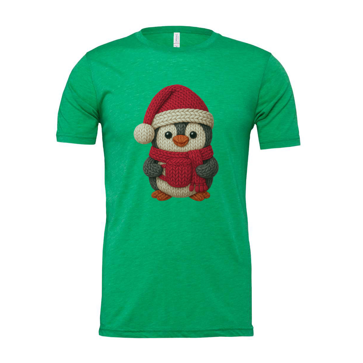 Unisex Christmas Penguin Knit Design T Shirt With Santa Hat And Red Cozy Scarf Print