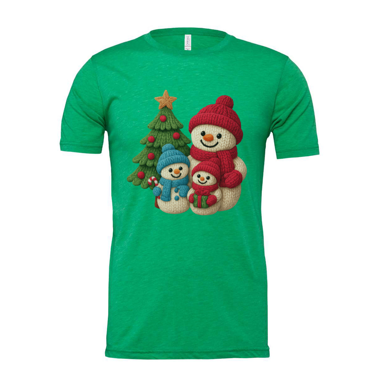 Christmas Snowmen Family Knit Style Graphic T Shirt With Tree And Gift Design For Adults And Kids