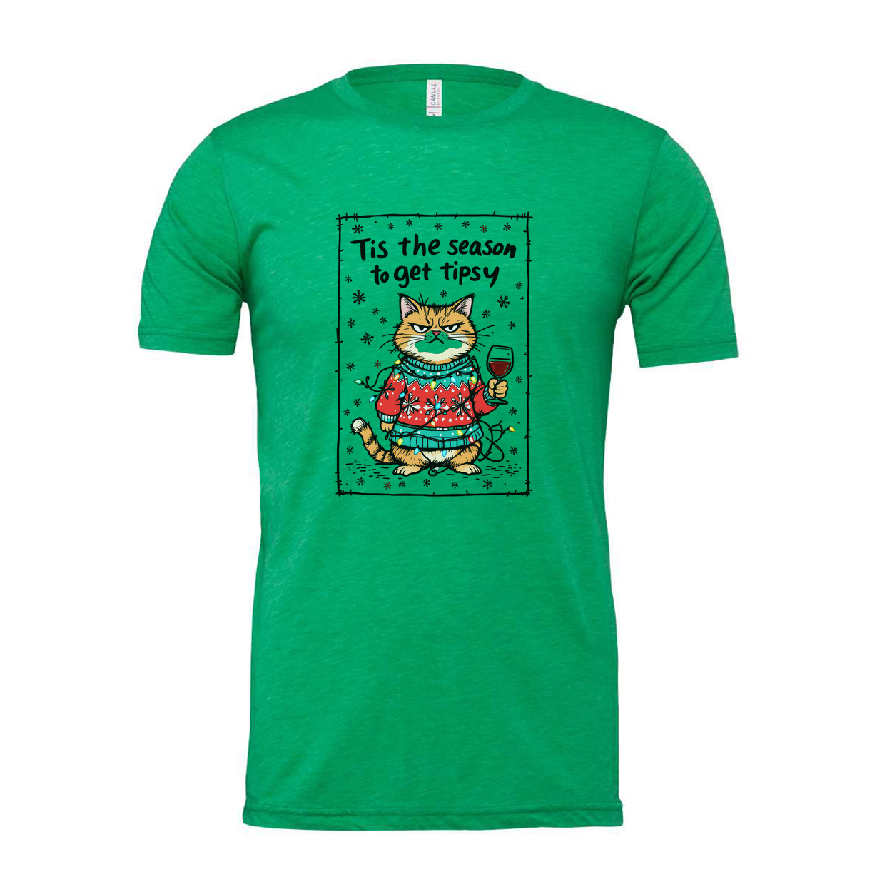 Unisex Christmas Cat Graphic Tee With Cozy Sweater And Wine Glass Tis The Season