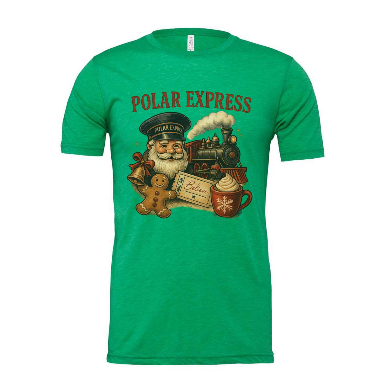 Polar Express Christmas Unisex T Shirt With Steam Train Santa Gingerbread And Coffee Mug Illustration