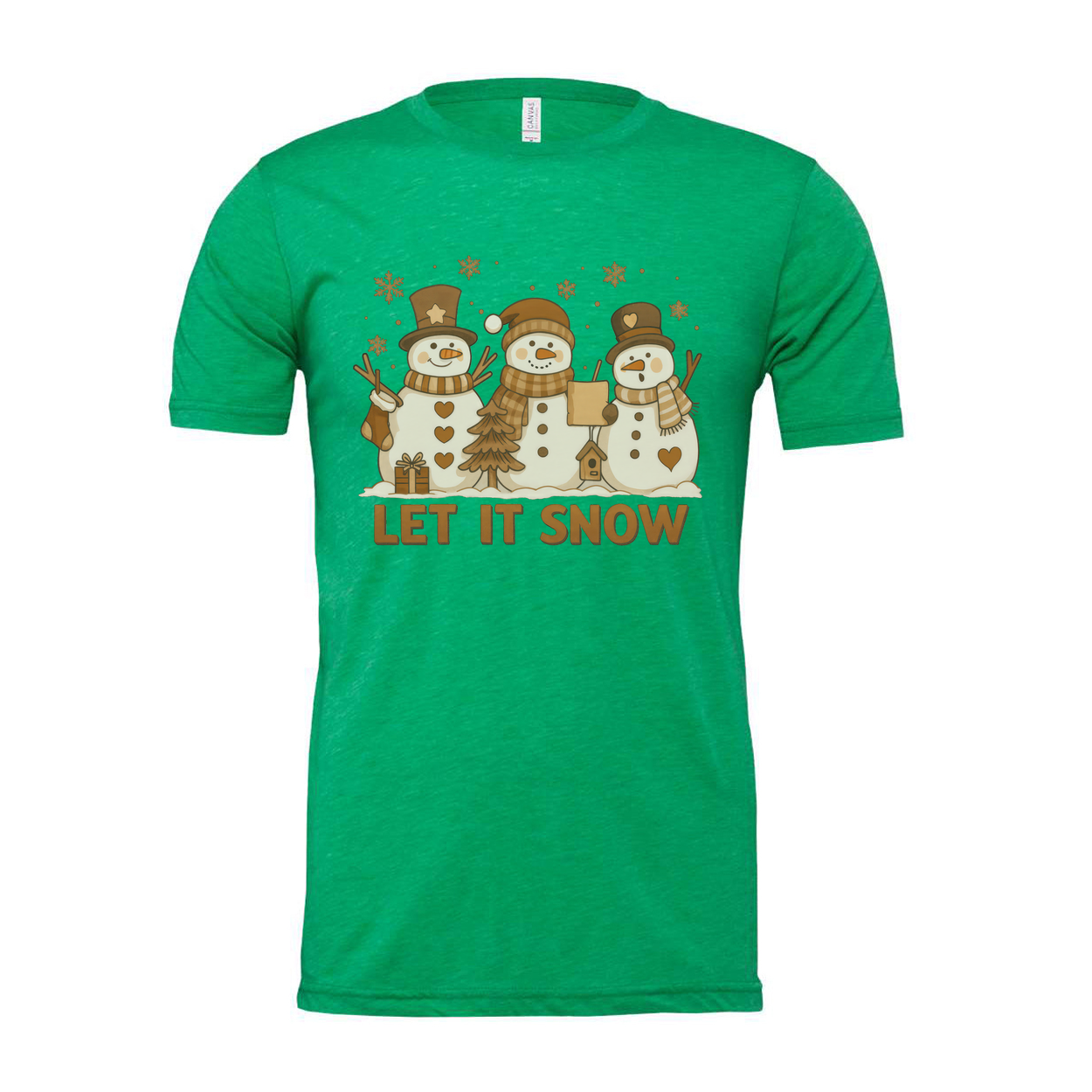 Let It Snow Christmas Graphic Tee Unisex Short Sleeve Snowman Trio Design For Holiday Season