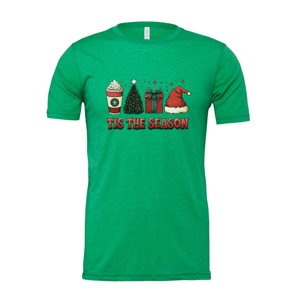 Unisex Christmas T Shirt With Festive Graphics Tis The Season Santa Hat Gift Box Coffee Cup Christmas Tree