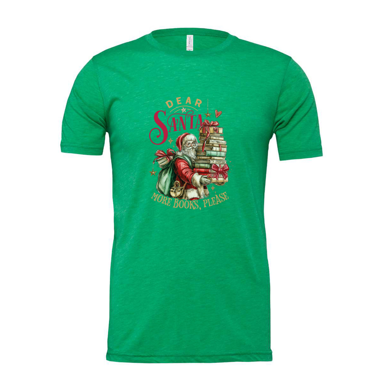 Unisex Christmas T Shirt with Santa Carrying a Stack of Books and Gifts Graphic Design
