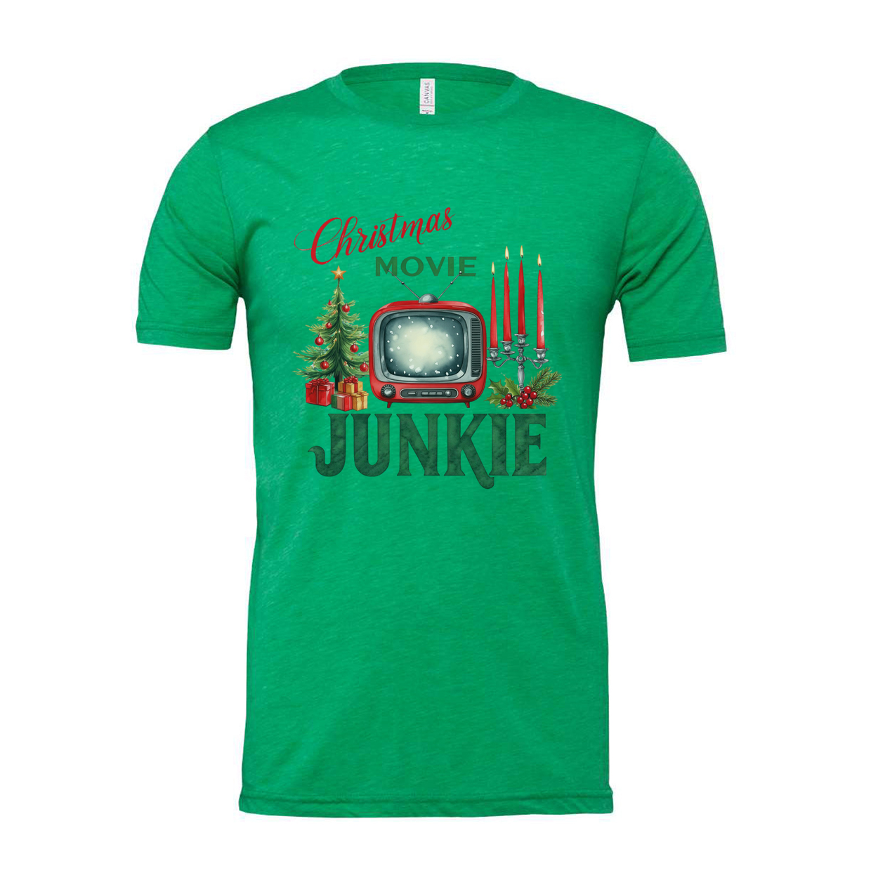 Christmas Movie Junkie Unisex T Shirt With Retro TV Candles And Christmas Tree Print