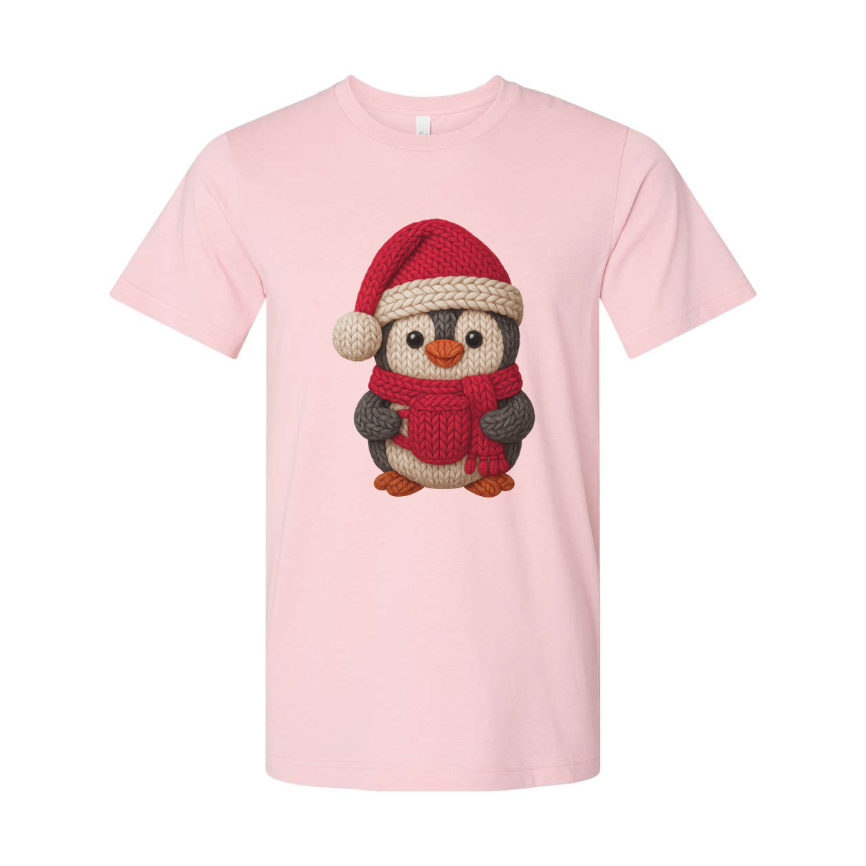 Unisex Christmas Penguin Knit Design T Shirt With Santa Hat And Red Cozy Scarf Print
