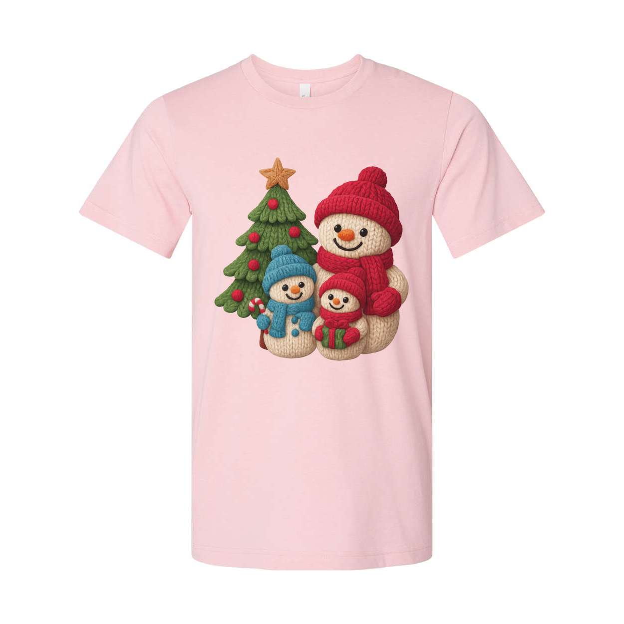 Christmas Snowmen Family Knit Style Graphic T Shirt With Tree And Gift Design For Adults And Kids