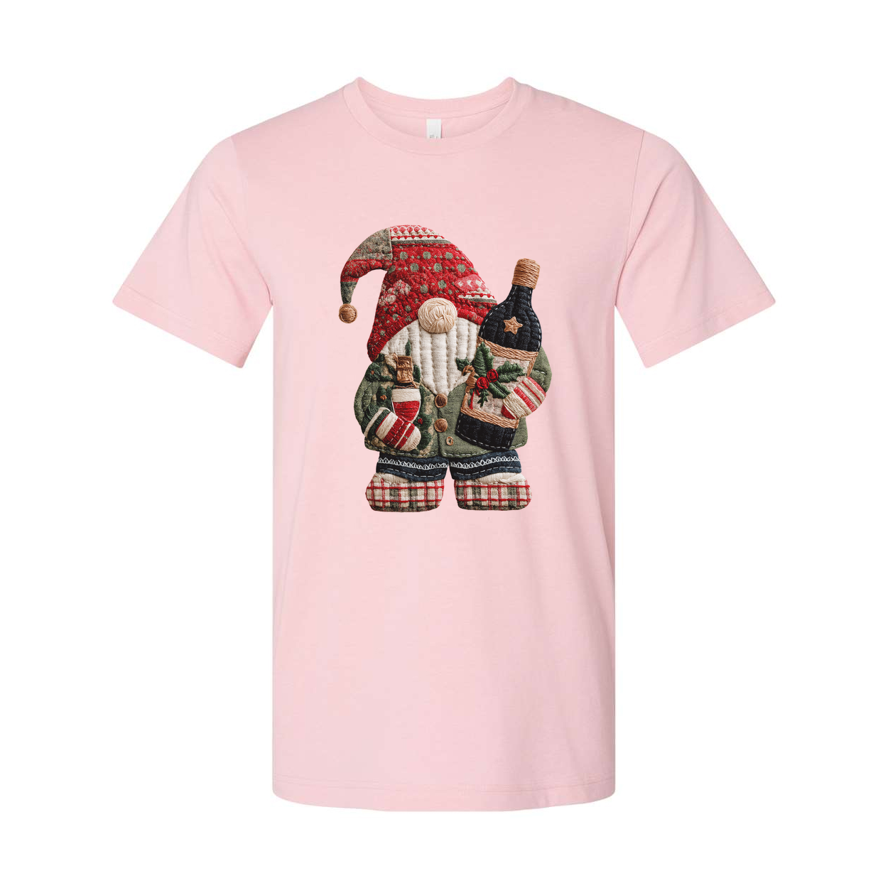 Christmas Santa Claus Knitted Patch T Shirt Featuring Bottle Wrapped Gifts And Festive Details