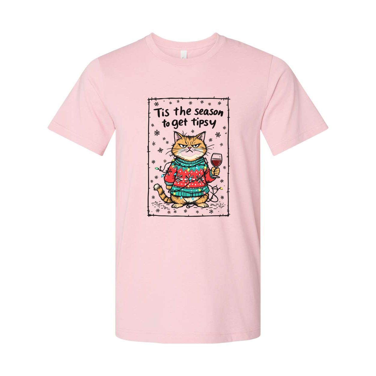 Unisex Christmas Cat Graphic Tee With Cozy Sweater And Wine Glass Tis The Season