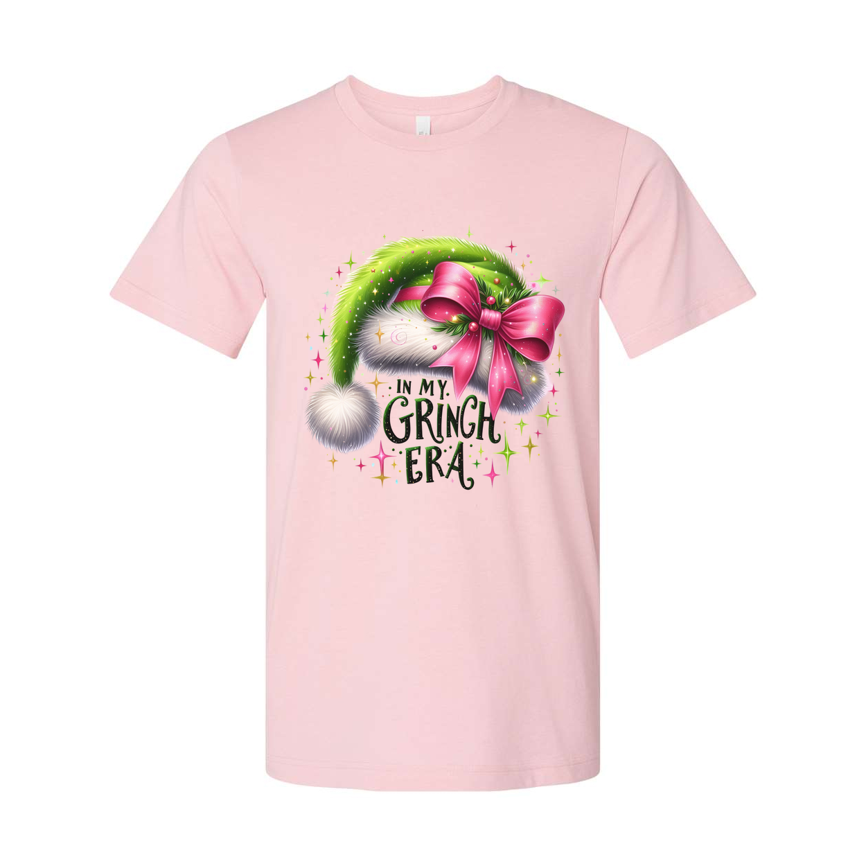 Christmas In My Grinch Era Unisex T Shirt With Green Santa Hat And Pink Bow Graphic Design
