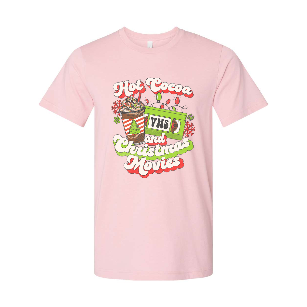 Unisex Christmas T Shirt Featuring Hot Cocoa And Christmas Movies VHS Design Graphic