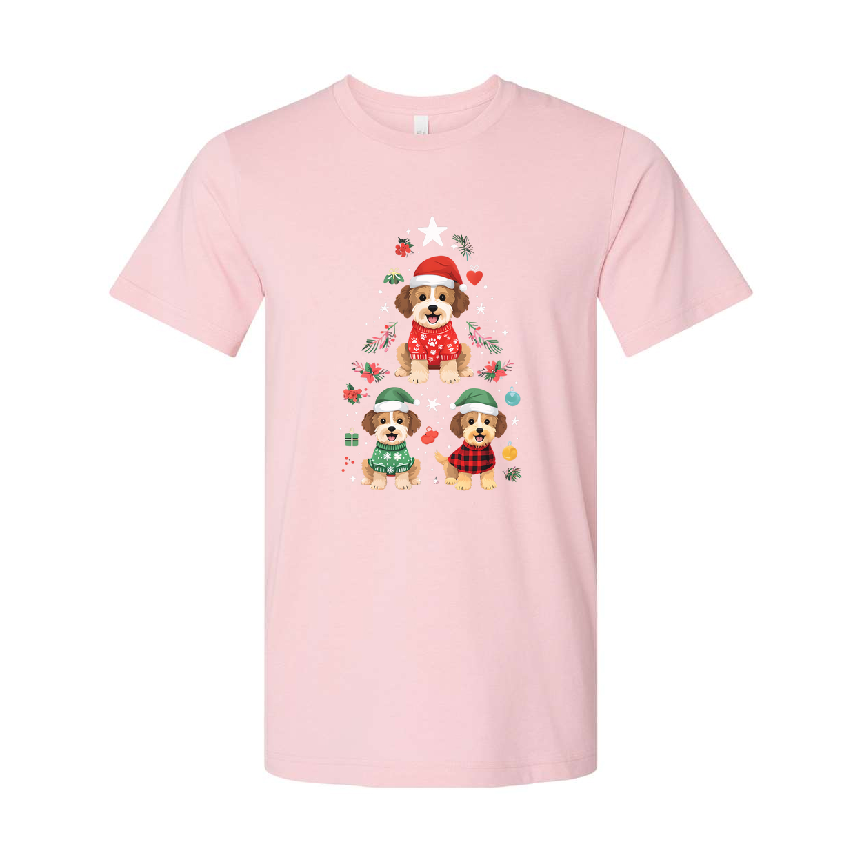 Unisex Christmas T Shirt With Three Cute Dogs In Festive Winter Outfits Surrounded By Holiday Ornaments