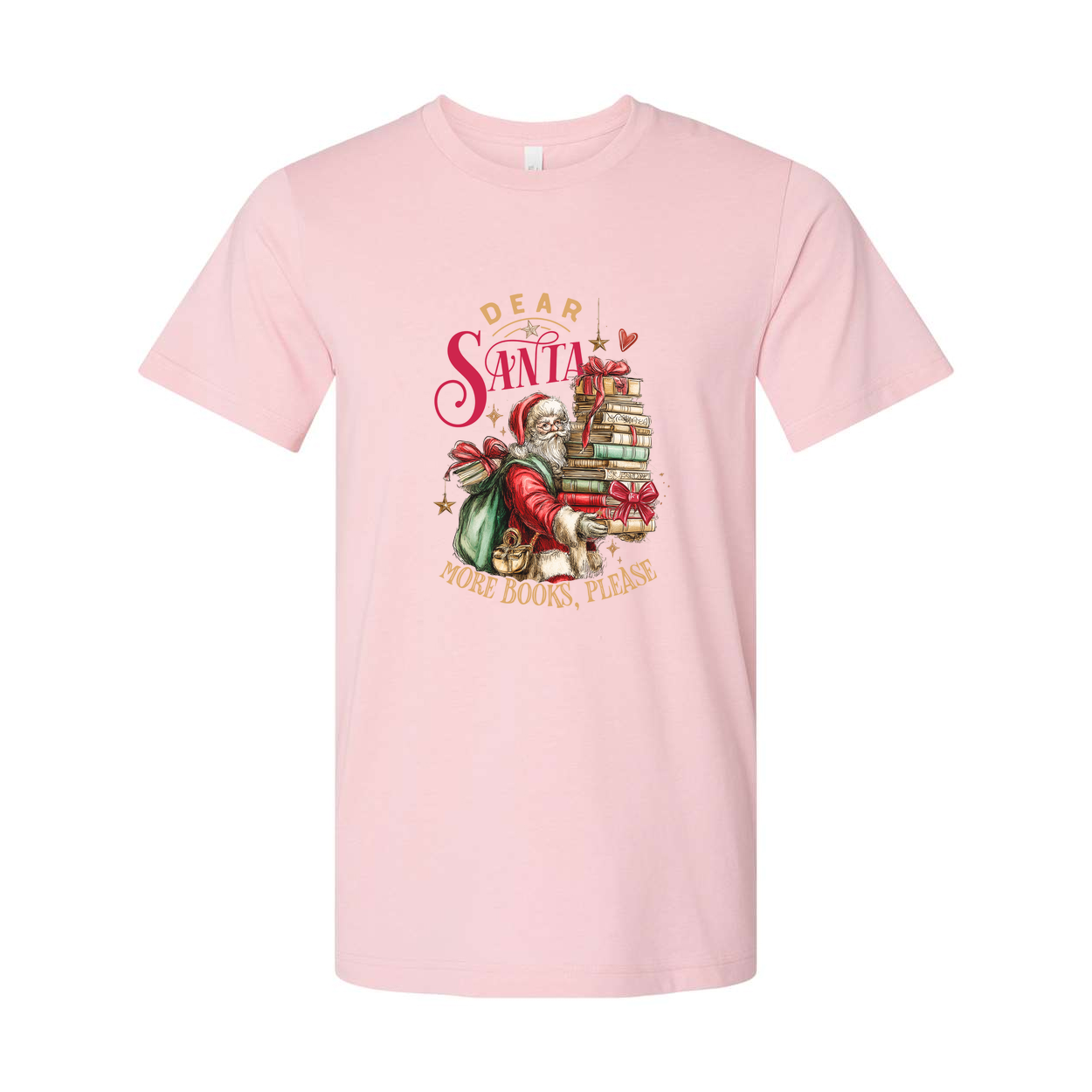 Unisex Christmas T Shirt with Santa Carrying a Stack of Books and Gifts Graphic Design