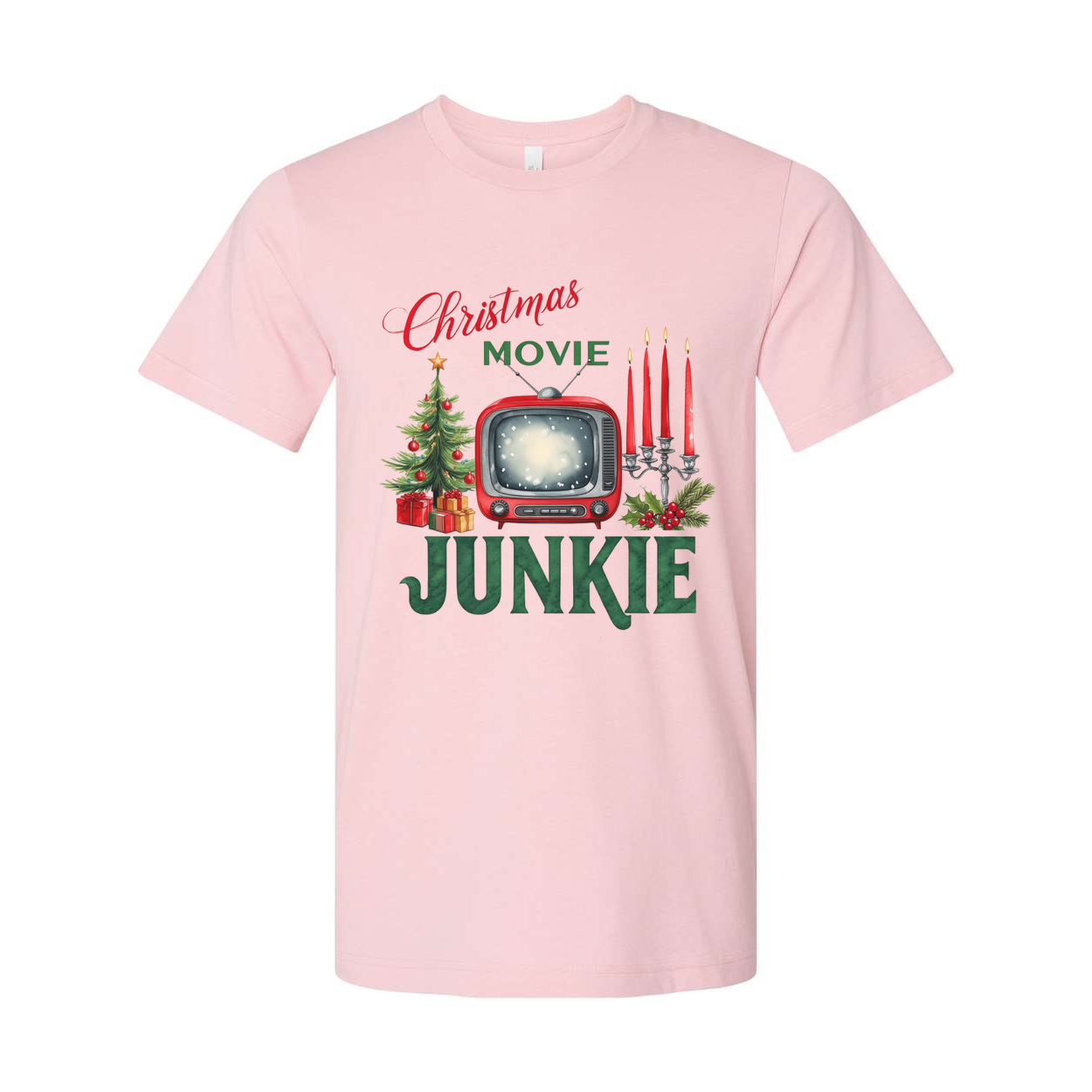 Christmas Movie Junkie Unisex T Shirt With Retro TV Candles And Christmas Tree Print